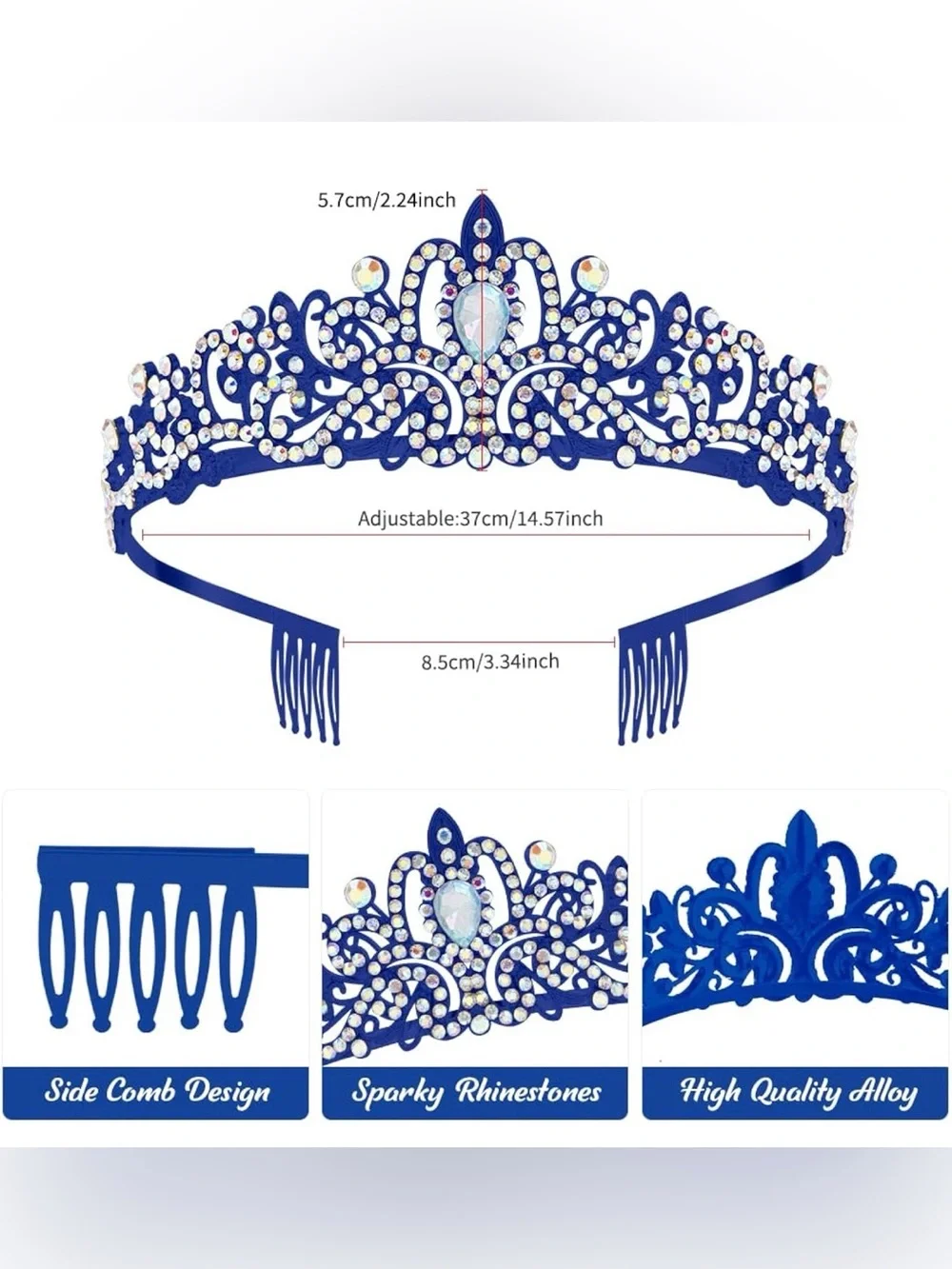 NWOT Blue Crown Princess Tiara Crystals Queen Headband With Comb